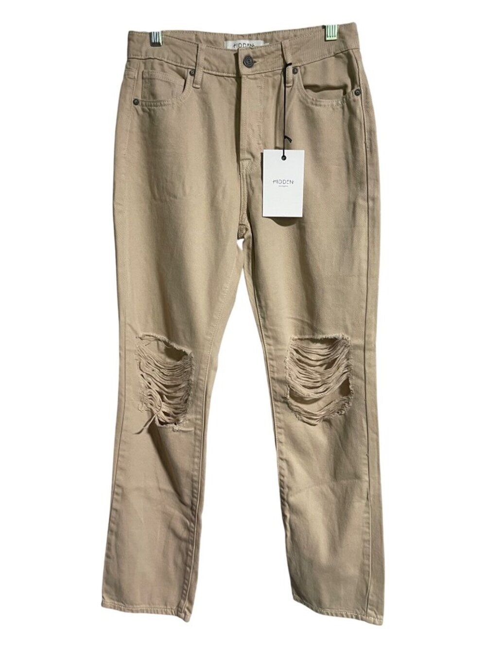 Hidden Jean Womens Tracey High-Rise Straight Distressed Beige Sz 24 Button Fly